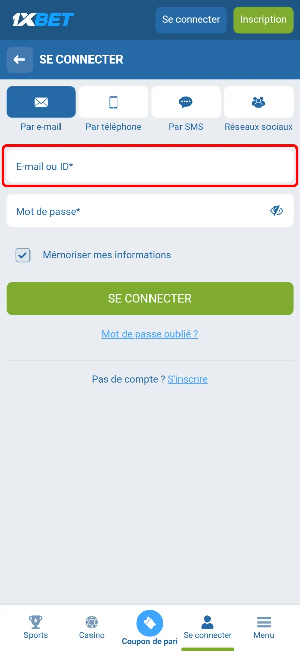 Entrez vos identifiants pour vous connecter sur 1xBet.