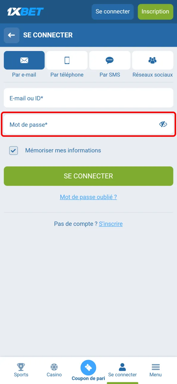 Renseignez votre mot de passe pour ouvrir votre compte 1xBet.