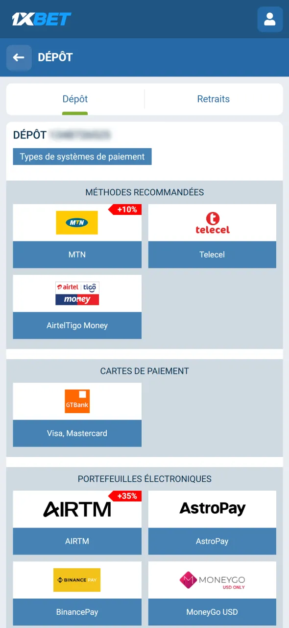 Choisissez la méthode de dépôt qui vous convient sur 1xBet.