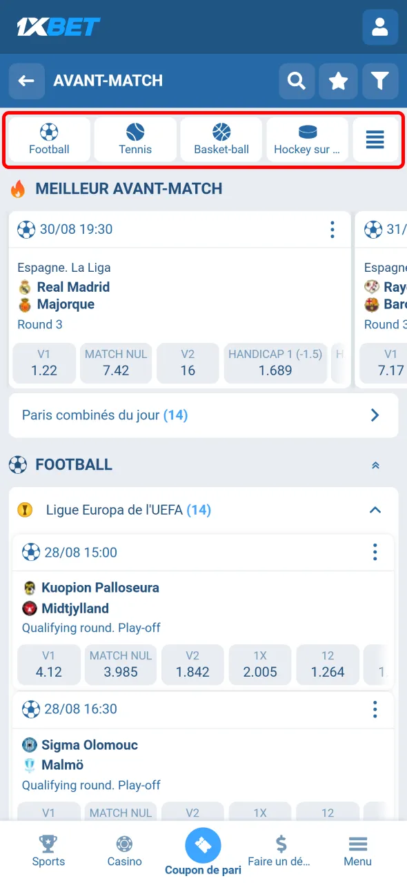 Choisissez votre sport préféré pour parier sur 1xBet.