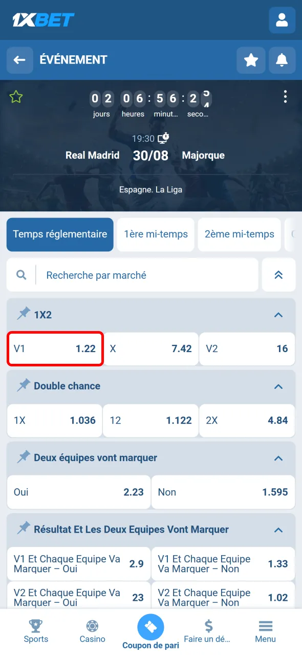 Choisissez le type de pari adapté sur 1xBet.