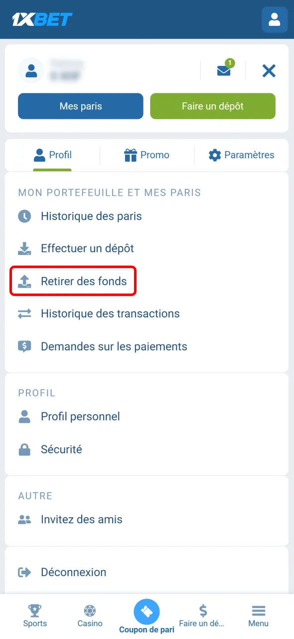 Accédez facilement à la section retrait de 1xBet.