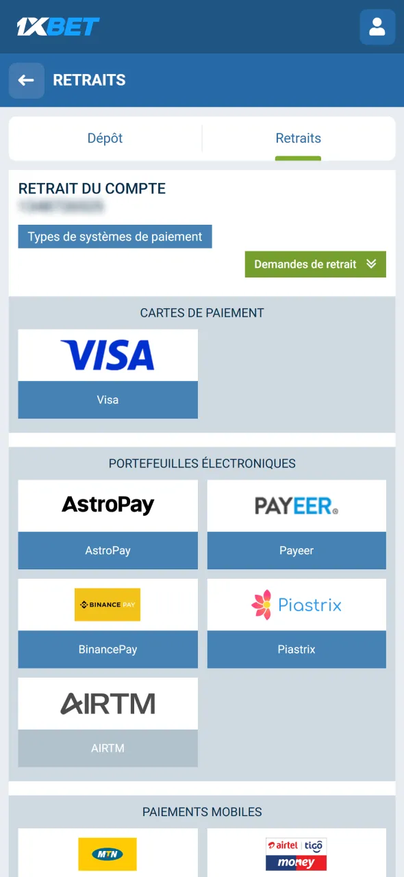 Choisissez une méthode de retrait sur 1xBet.