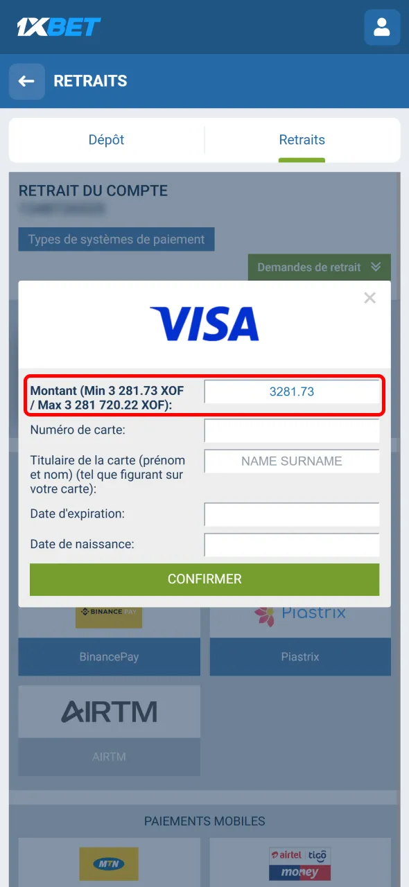 Saisissez le montant à retirer de votre compte 1xBet.
