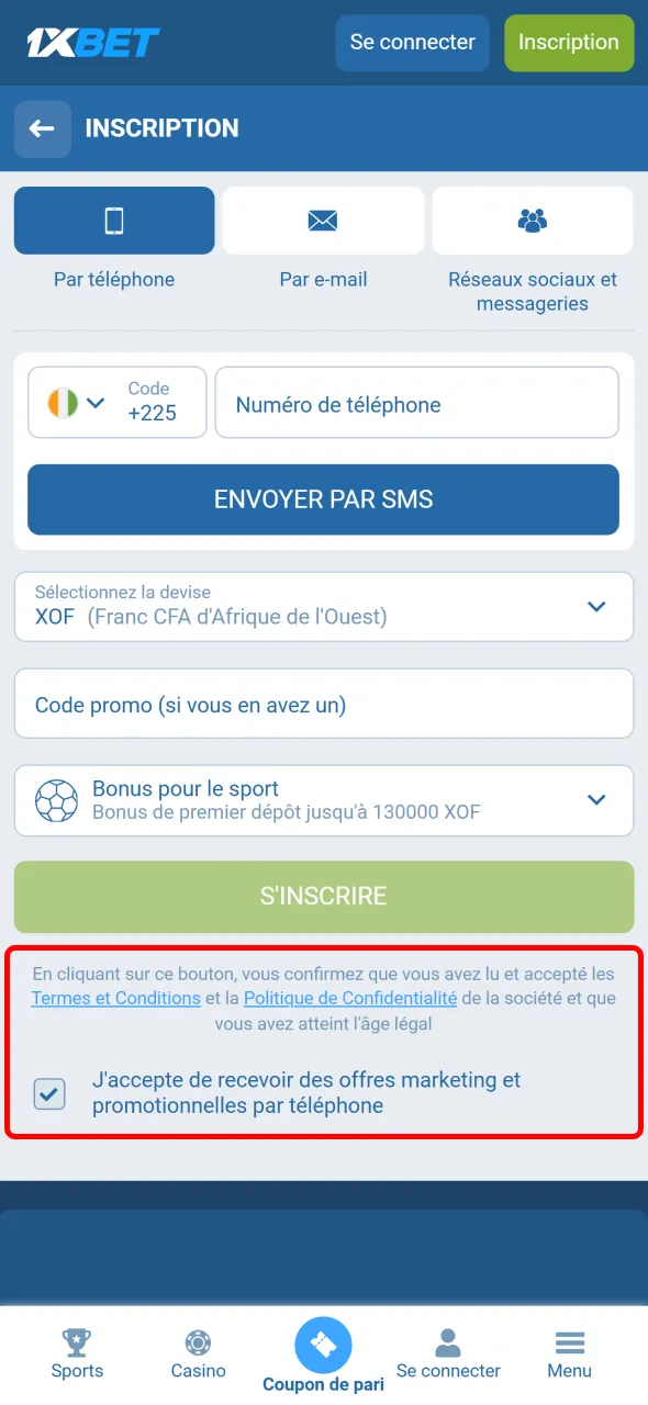 Acceptez les conditions et terminez l’inscription sur 1xBet.