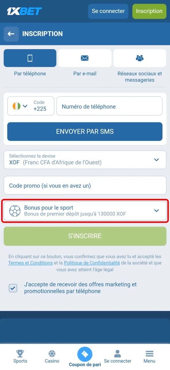 Sélectionnez un bonus d’inscription intéressant sur 1xBet en Côte d’Ivoire.