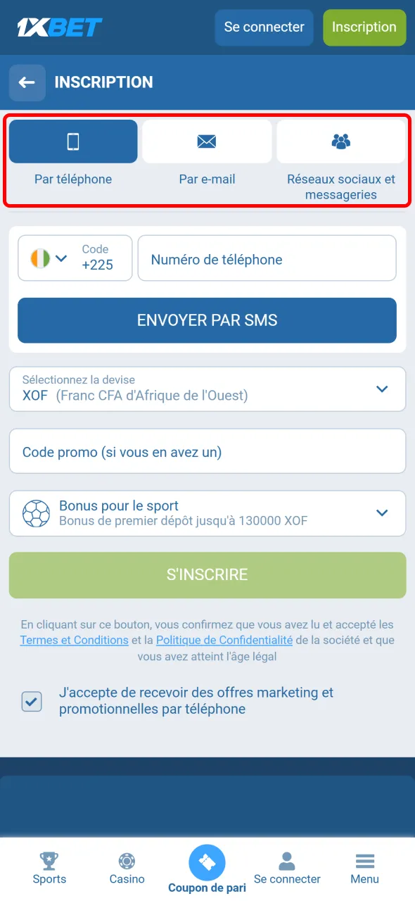 Choisissez une méthode d’inscription simple sur 1xBet.