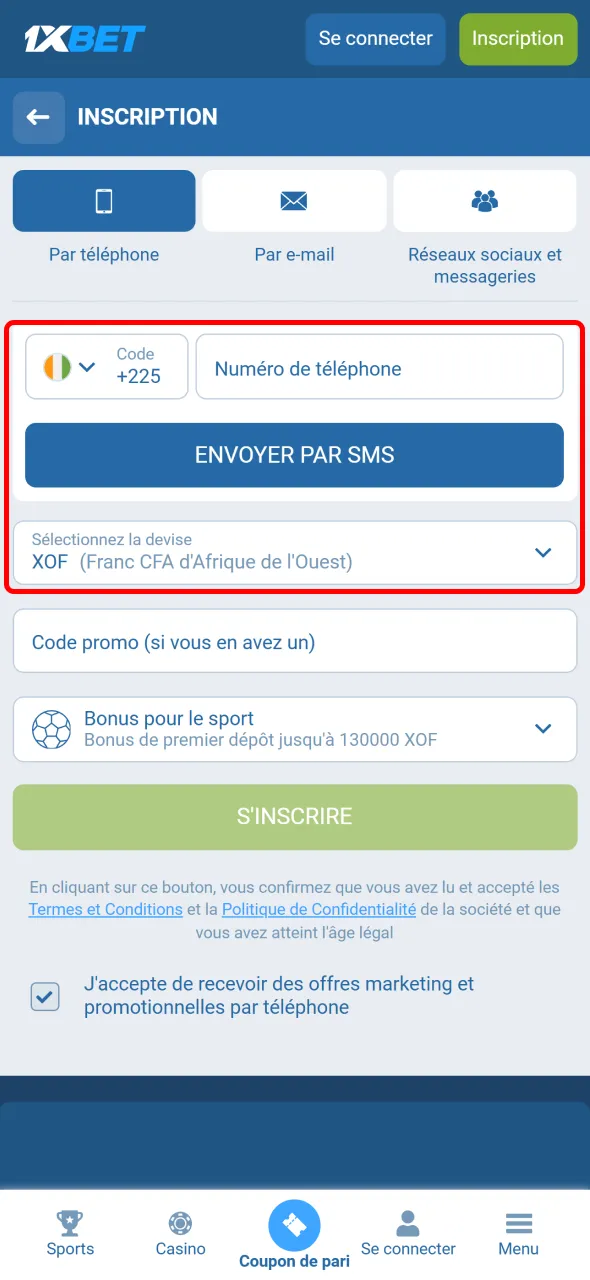 Remplissez vos informations personnelles pour créer un compte 1xBet.