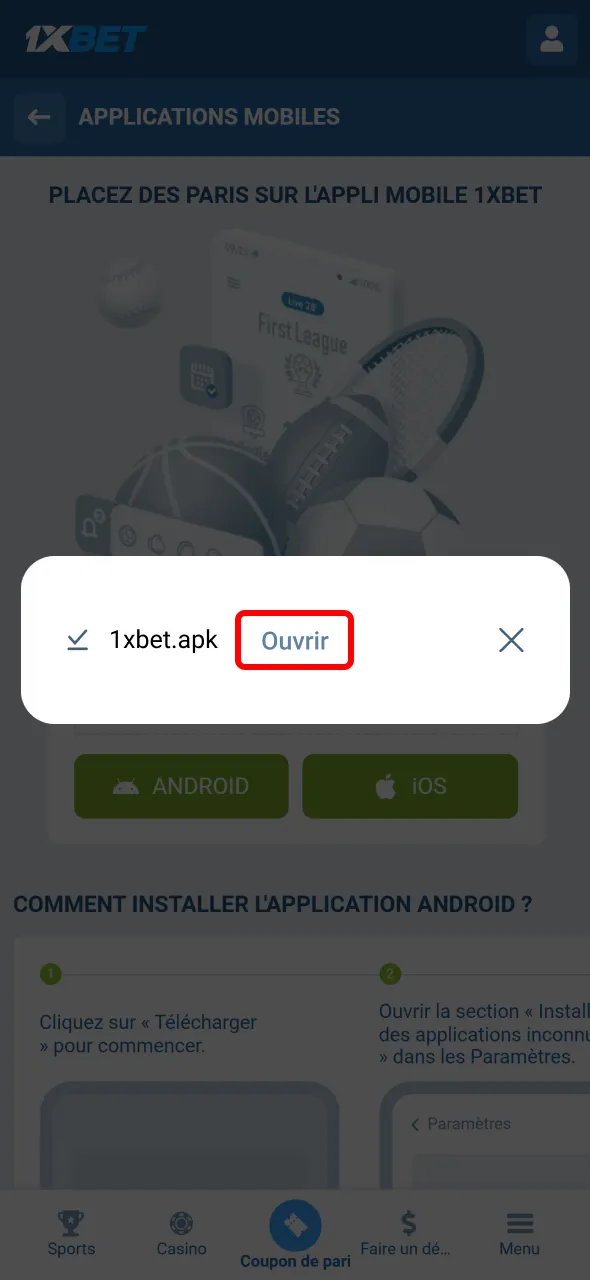 Téléchargement du fichier apk Android avec l’application 1xBet.