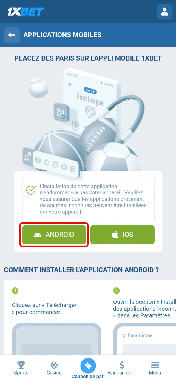Téléchargez le fichier apk Android depuis l’application 1xBet en Côte d’Ivoire.