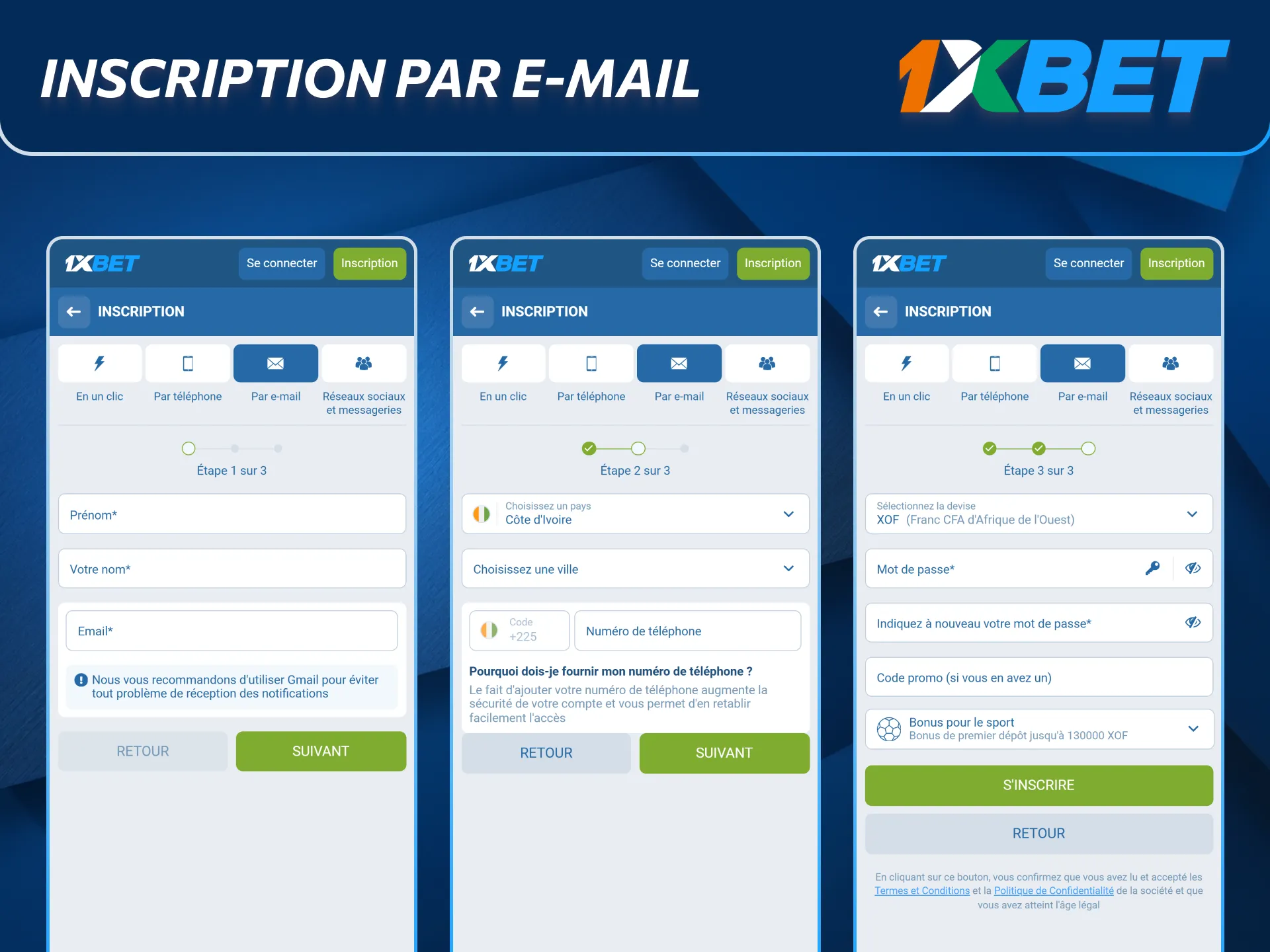 Inscription par email simple avec l’application 1xBet.