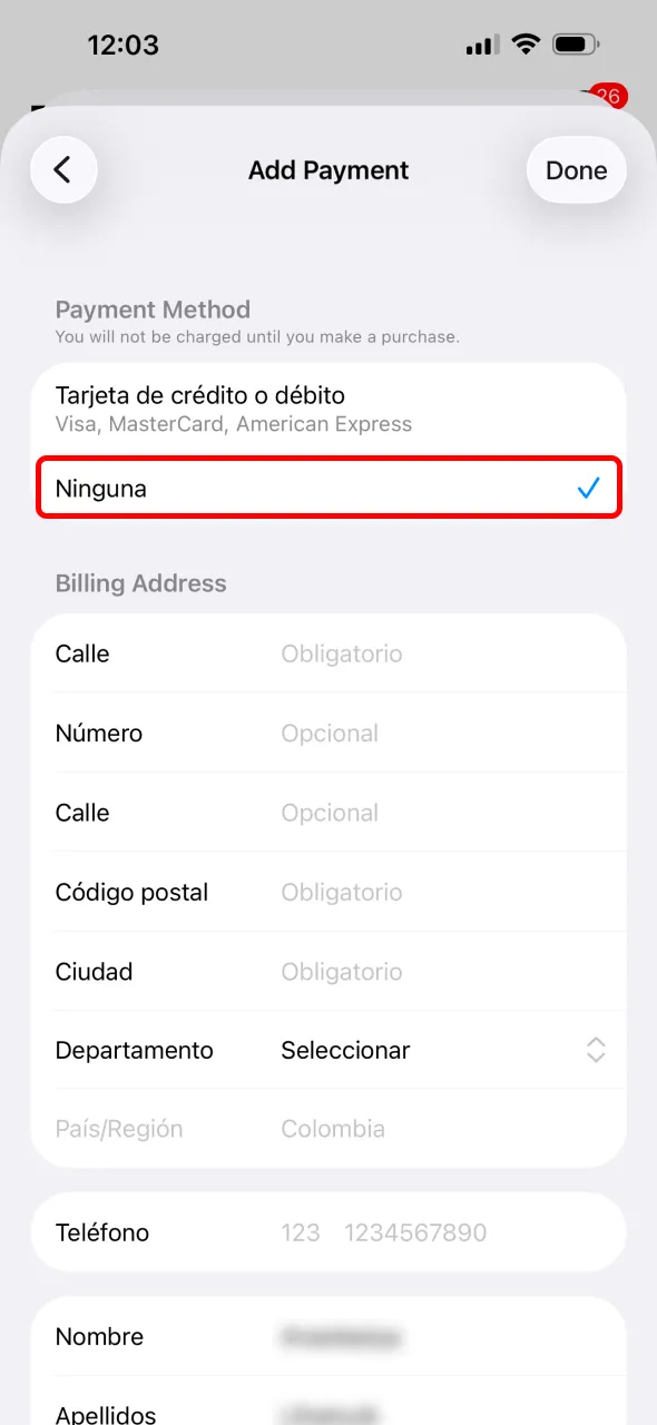 Sélectionnez None comme paiement pour installer l’application iOS 1xBet.