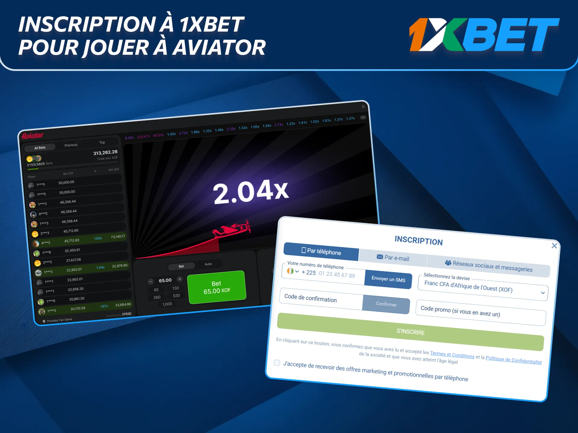 Inscription sur 1xBet nécessaire pour jouer à Aviator.