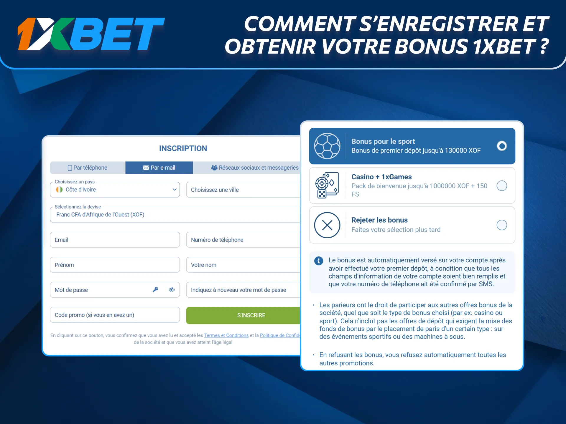Inscrivez-vous et obtenez un bonus 1xBet en Côte d’Ivoire.