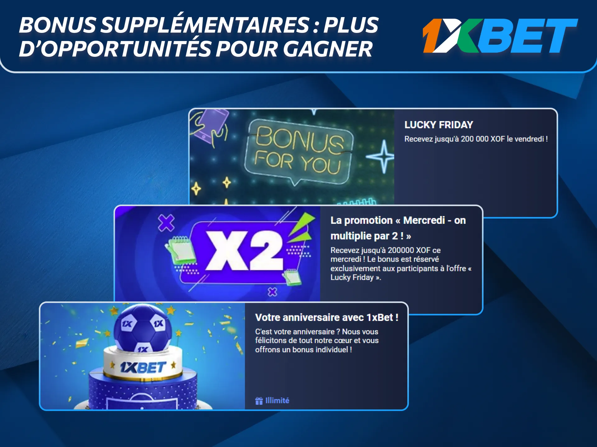 Des bonus supplémentaires 1xBet apportent plus d’opportunités de gains.