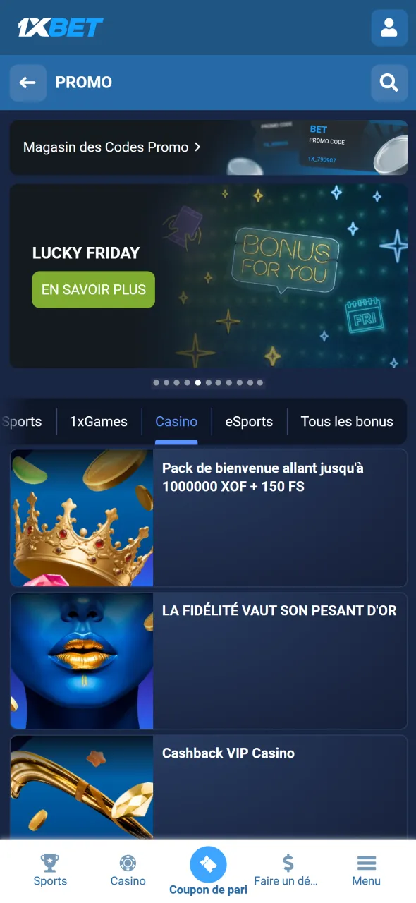 En Côte d’Ivoire, d’autres bonus 1xBet offrent encore plus de gains.