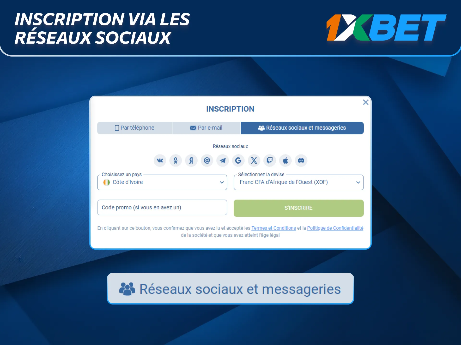Inscription pratique via réseaux sociaux dans l’application 1xBet.