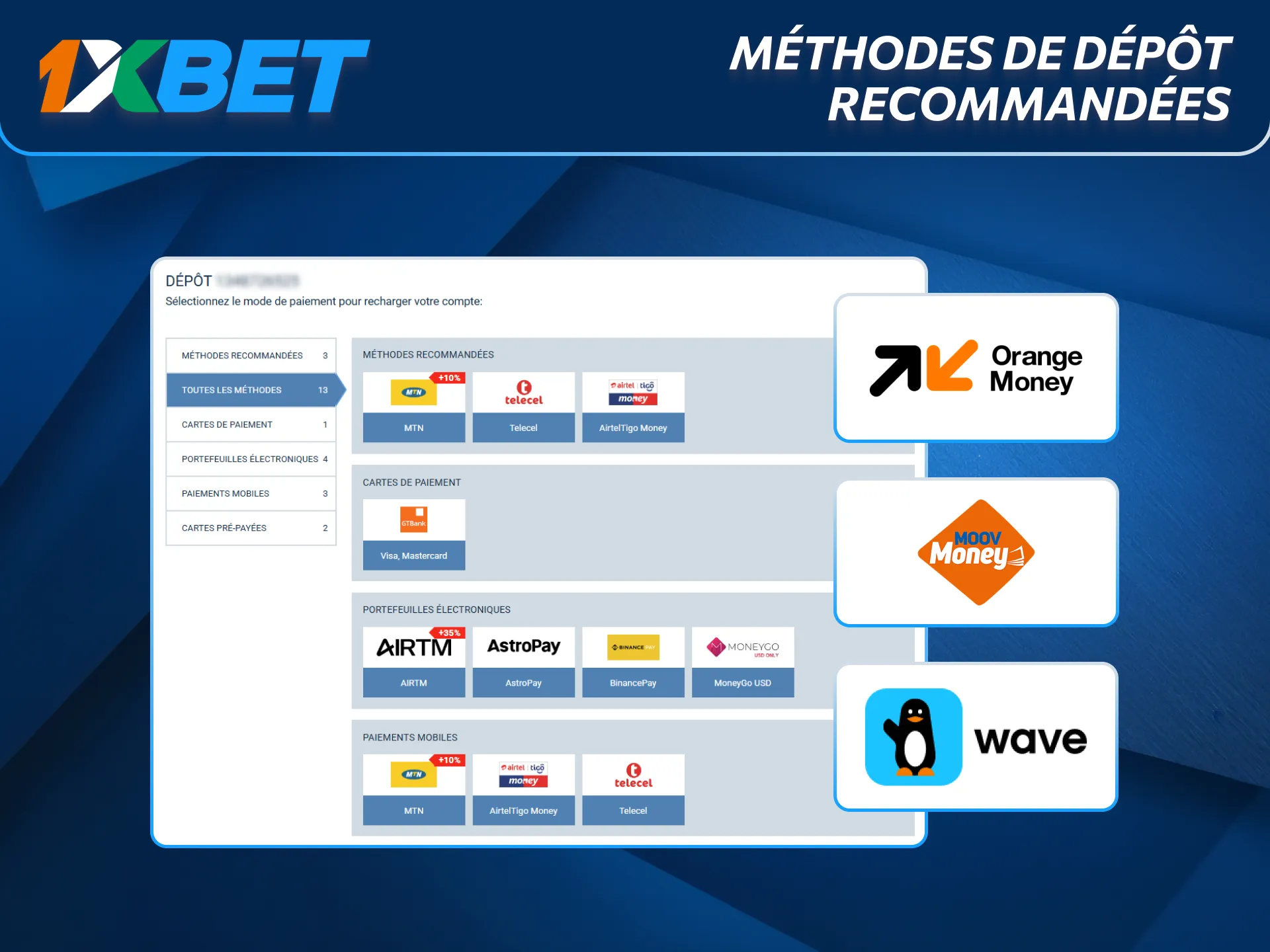 Méthodes de dépôt recommandées disponibles avec 1xBet en Côte d’Ivoire.