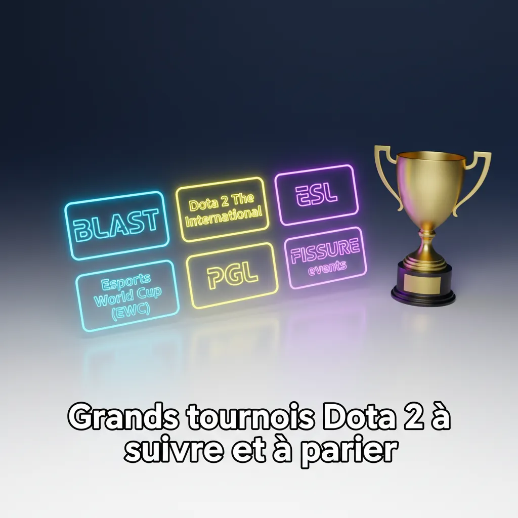 Bannière Dota 2 présentant les grands tournois (TI, ESL, BLAST, PGL, EWC) et options de paris pré-match et en direct.