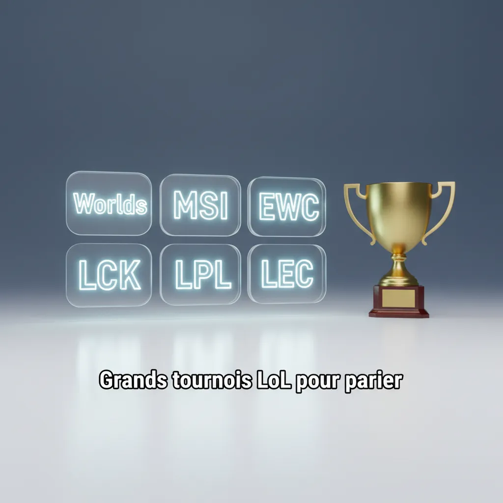 Bannière des grands tournois League of Legends à suivre pour parier: Worlds, MSI, EWC, LCK, LPL, LEC.