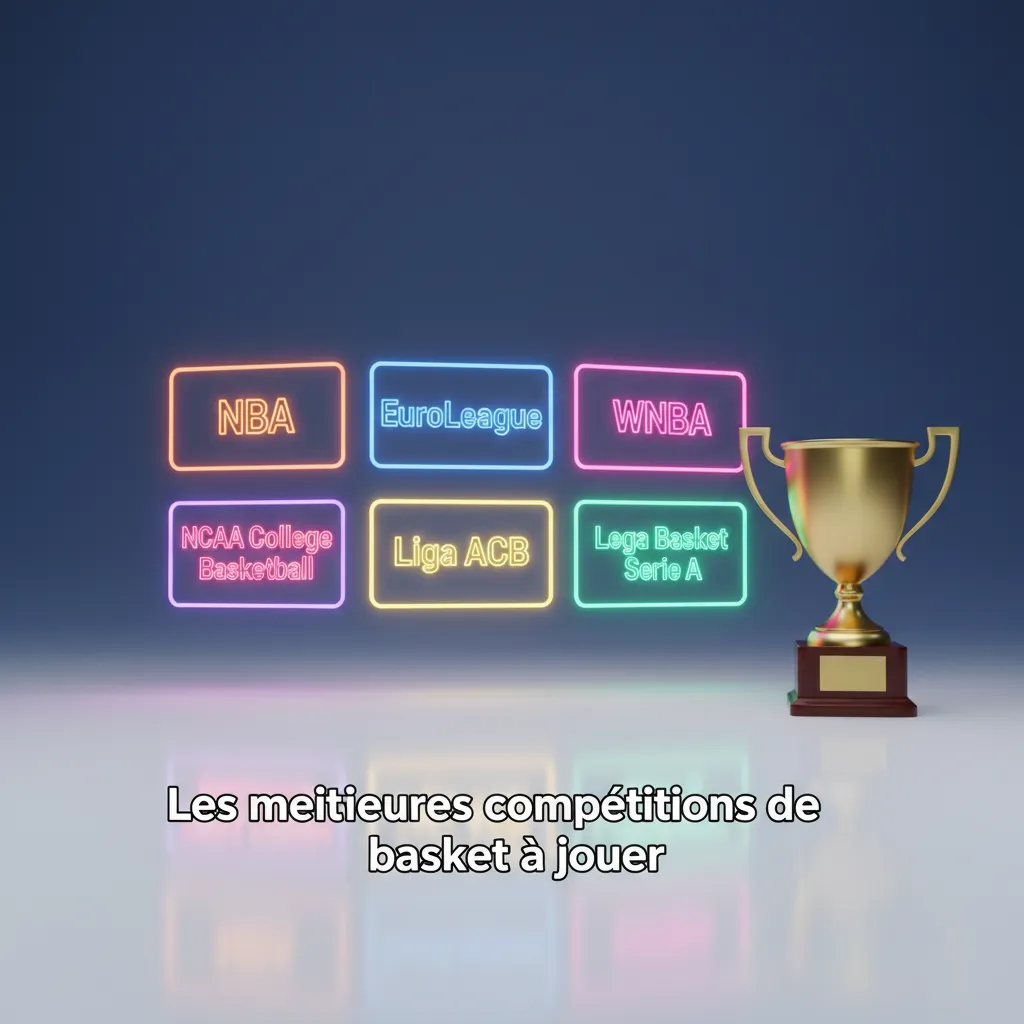 Montage des principales ligues de basket: NBA, EuroLeague, WNBA, FIBA, LNB, ACB, BAL, avec un ballon sur fond de parquet.