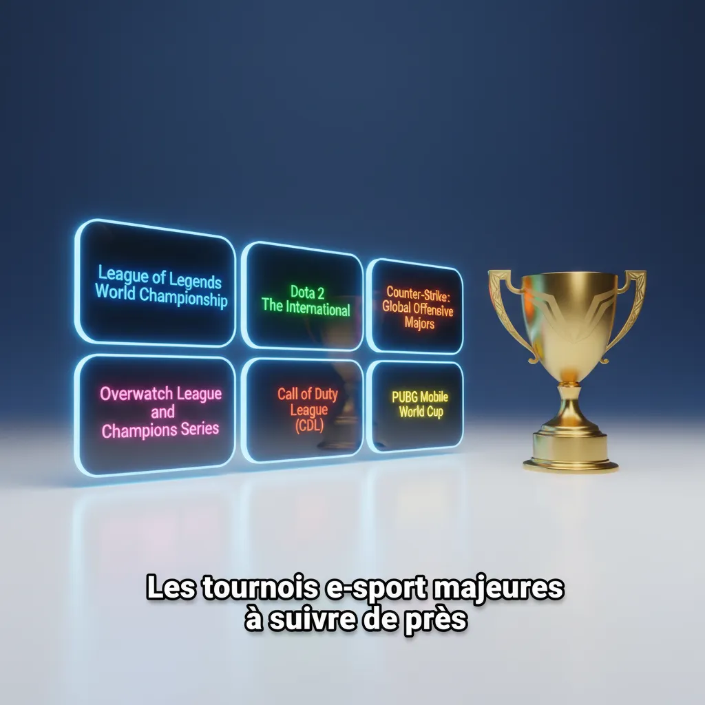 Tableau des circuits e-sport majeurs par jeu: Dota 2, CS2, LoL, Valorant, Mobile Legends, PUBG Mobile, Free Fire.