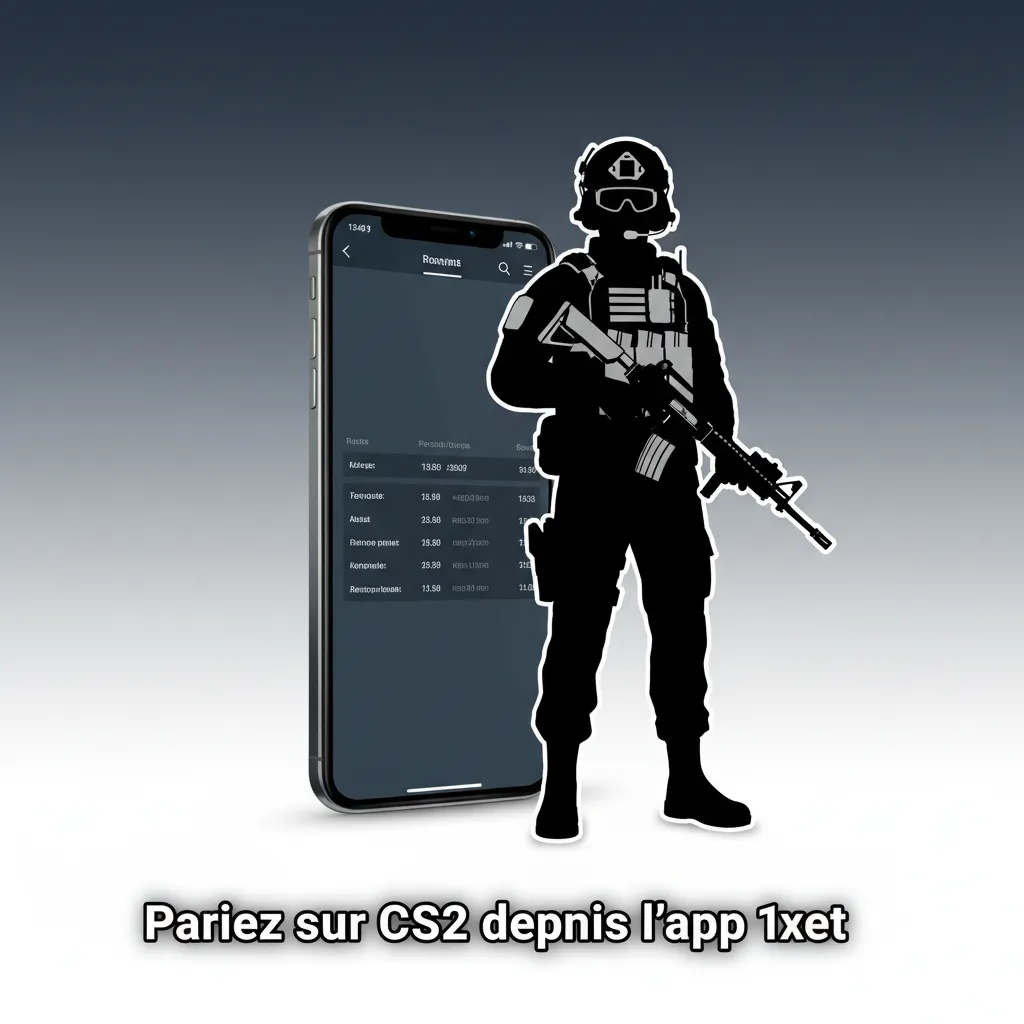 Écran de smartphone affichant l’app 1xbet pour parier sur CS2, cotes en direct et notifications de match.