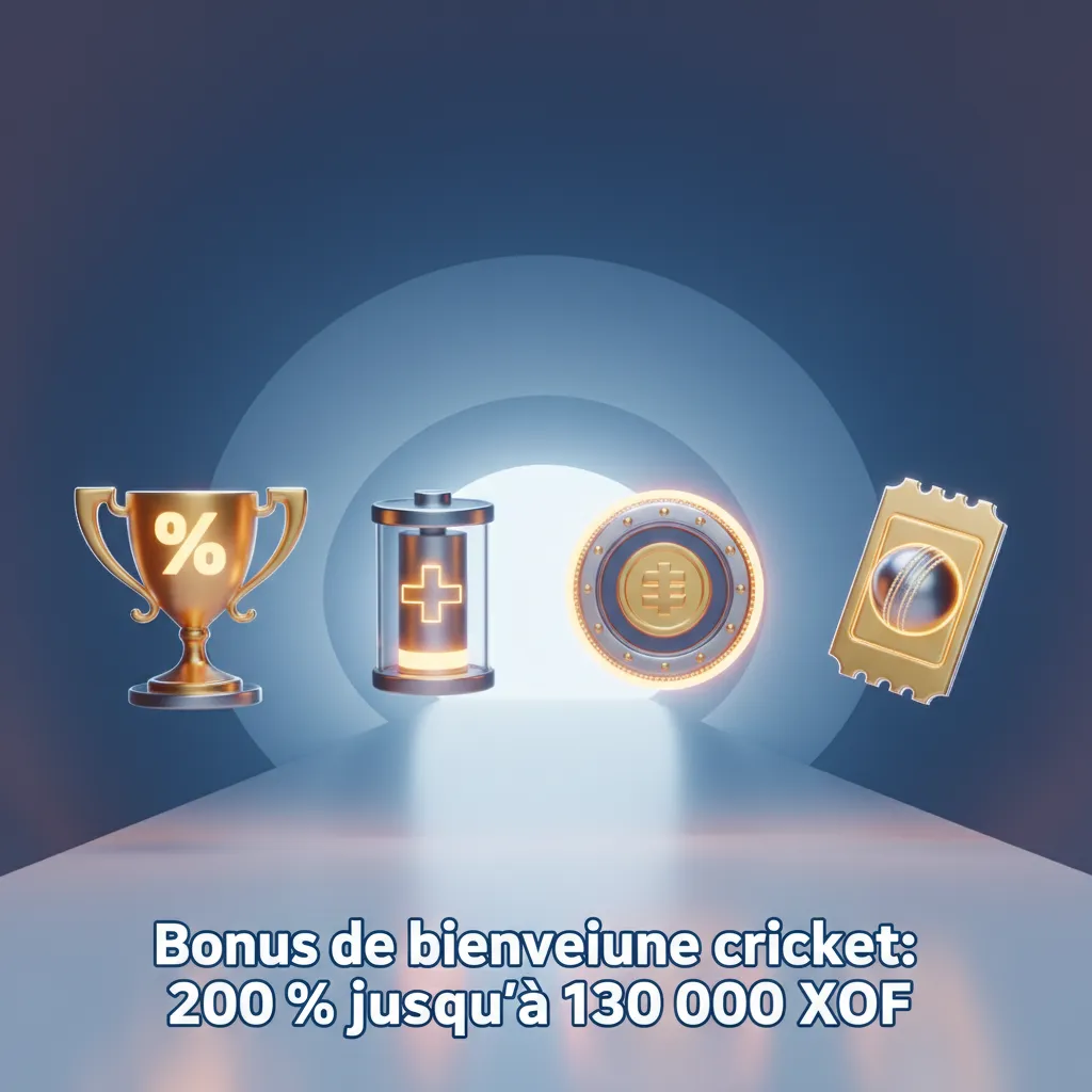 Bannière promo cricket: bonus 200 % jusqu’à 130 000 XOF sur 1er dépôt. Dépôt min 1 000 XOF. Prématch et live, IPL, T20 WC.