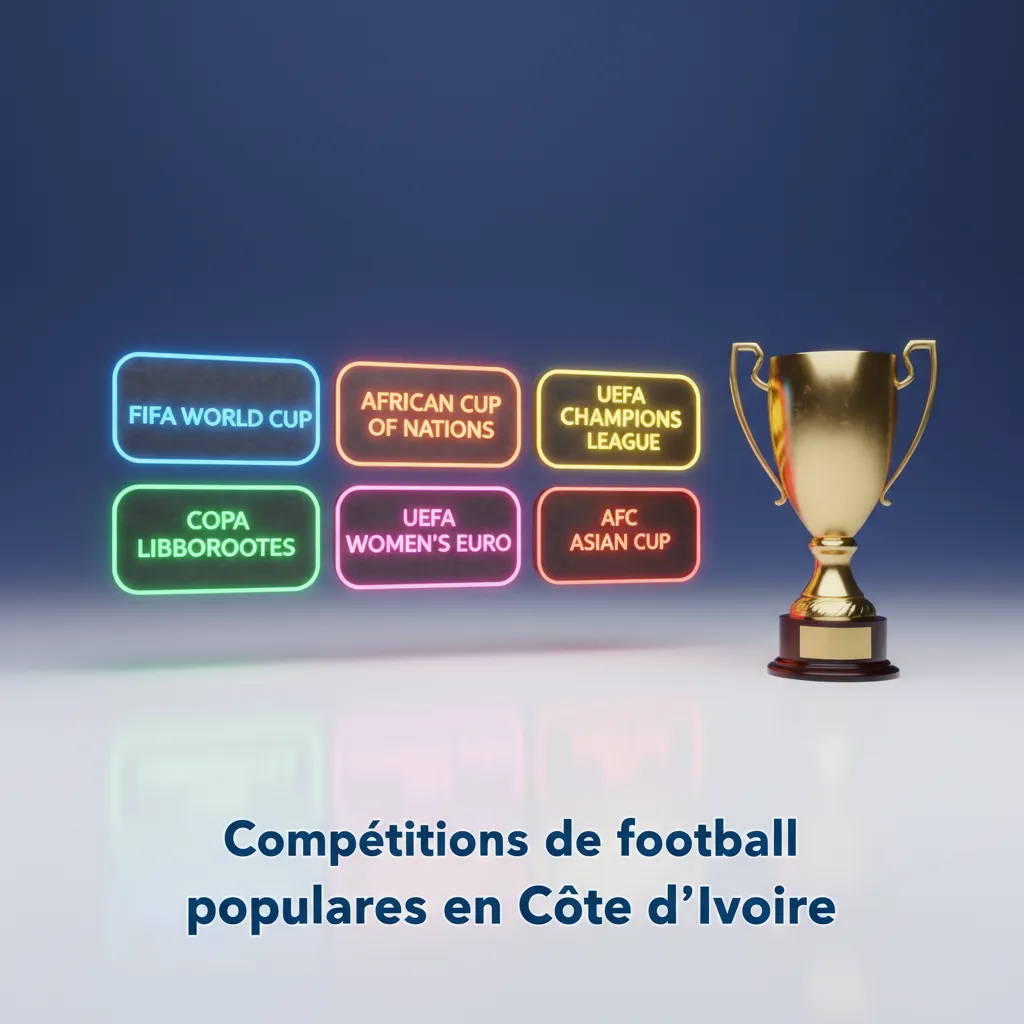Affiche des compétitions de football suivies en Côte d’Ivoire: Mondial, UEFA, CAF, Lonaci Ligue 1, marchés de paris variés.