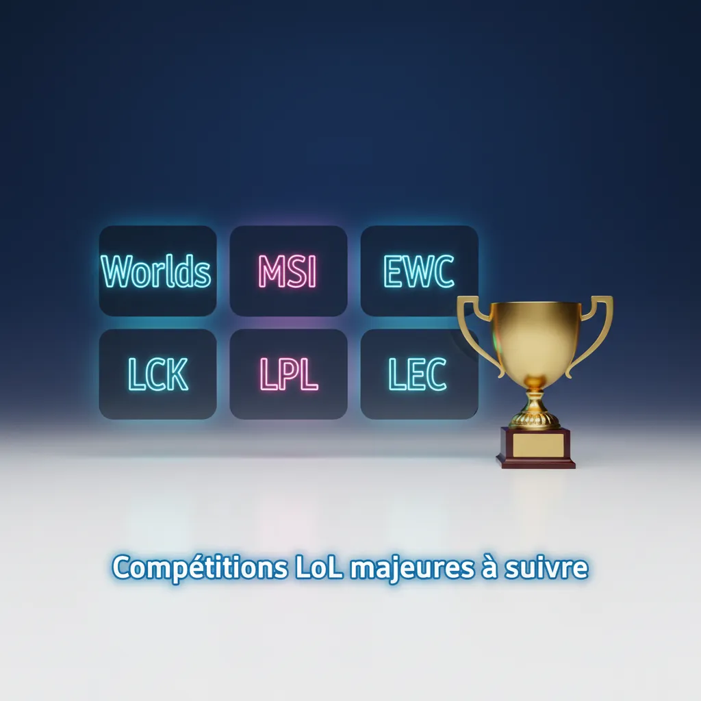 Infographie: compétitions LoL majeures — Worlds, MSI, EWC, LCK, LPL, LEC — horaires GMT visibles sur 1xbet