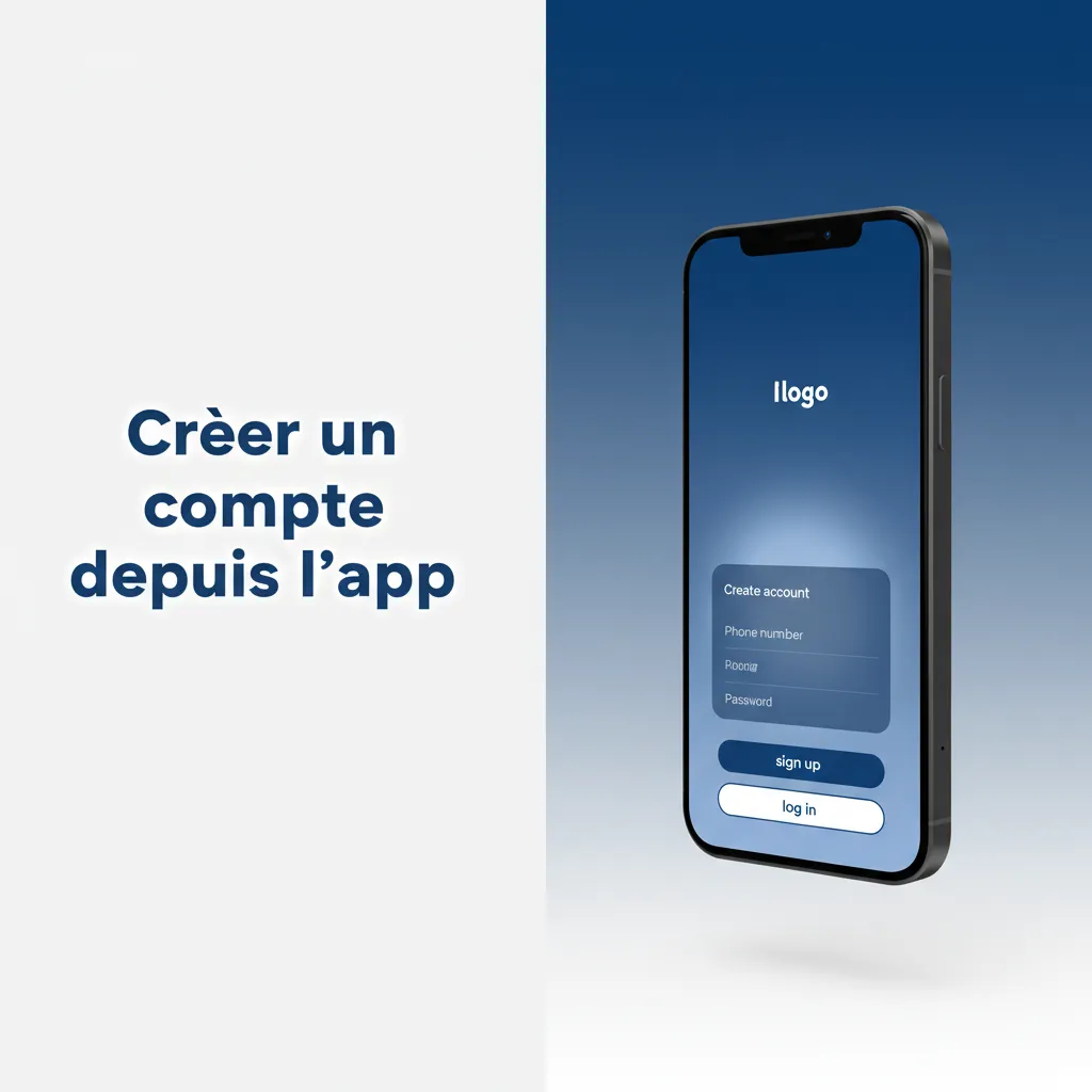 Écran d’inscription de l’app avec étapes: méthode, XOF, SMS, bonus, KYC, dépôt mobile money.