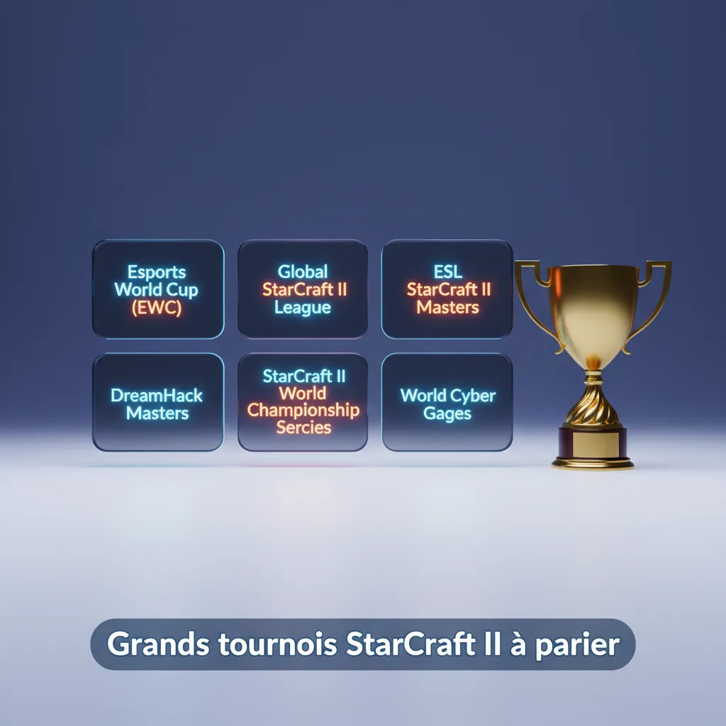 Visuel des grands tournois StarCraft II (EWC, GSL, ESL, IEM, TLS, WTL) avec options de paris 1xbet et cotes à suivre.