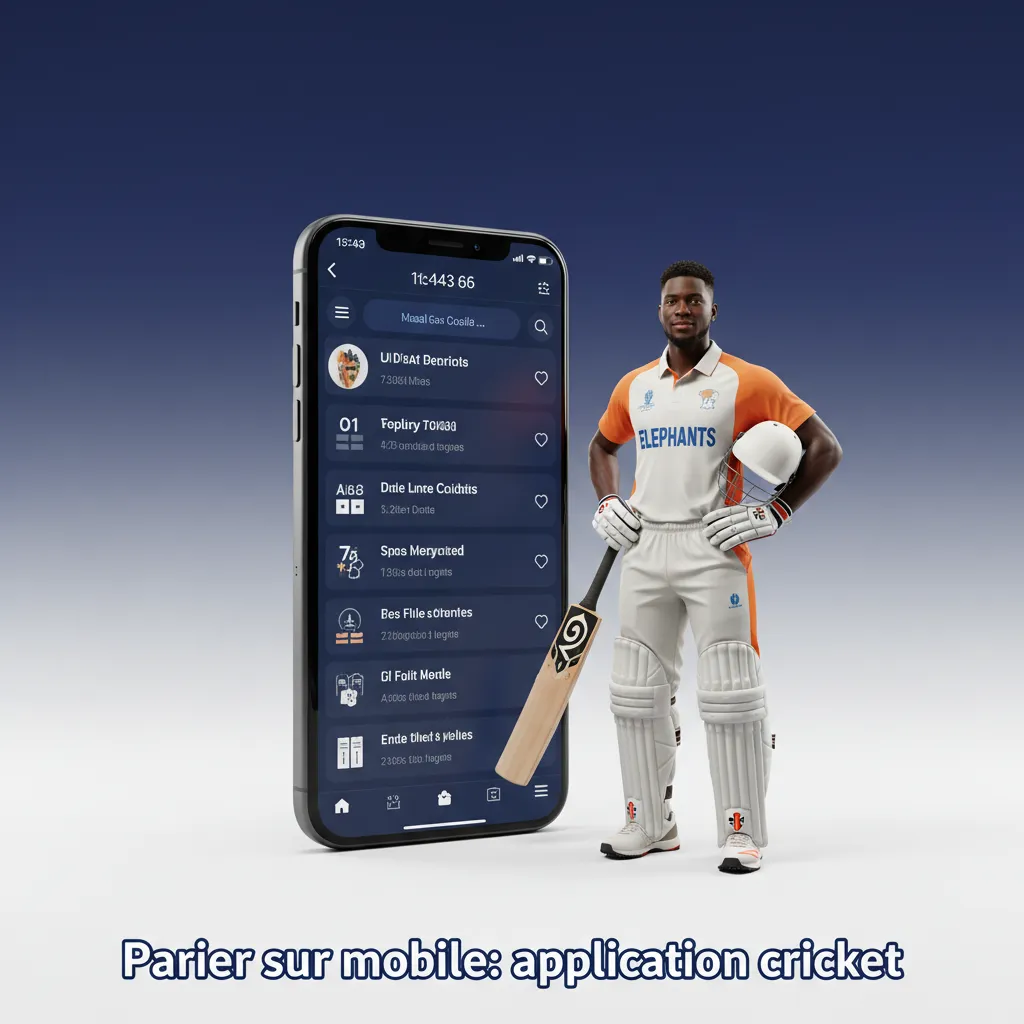 Smartphone affichant l’application 1xbet Cricket: cotes en direct, onglets Pré‑match/En direct et pari rapide sur mobile.