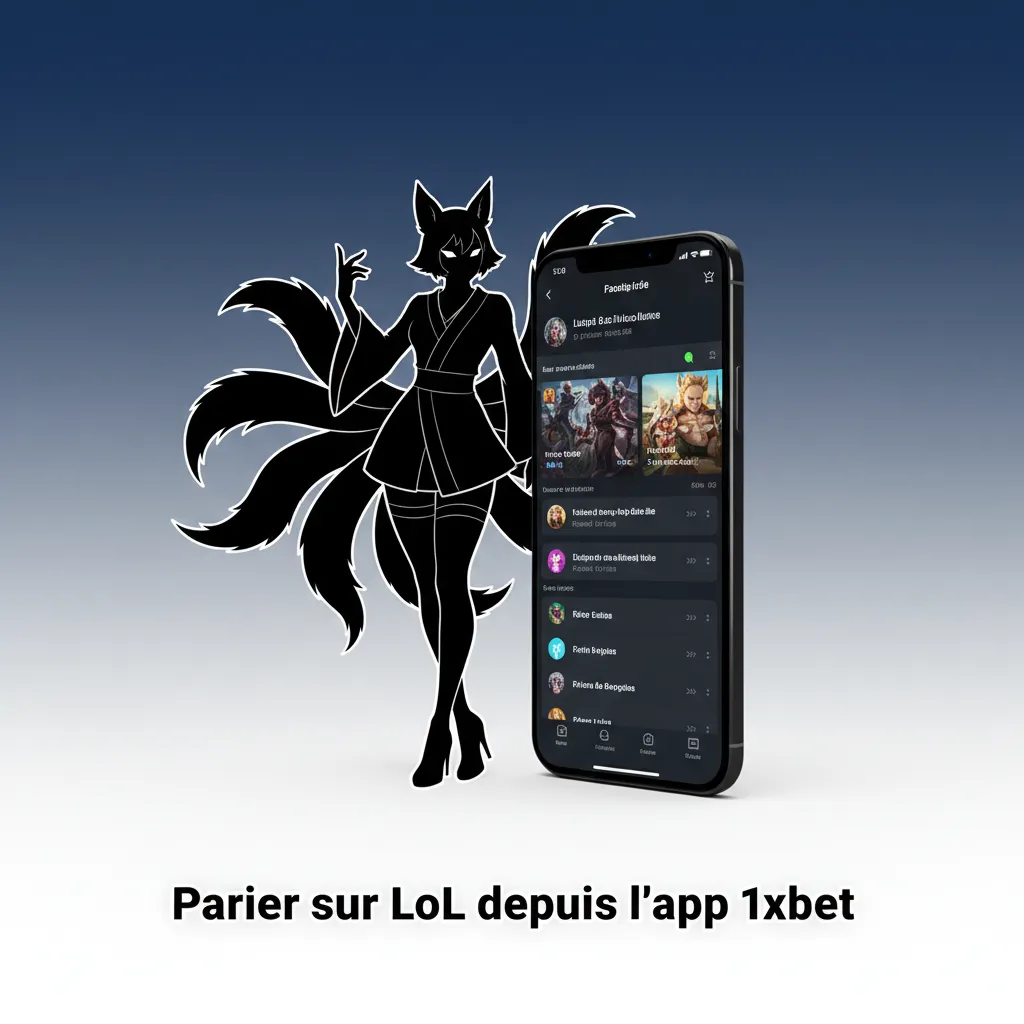 Écran de smartphone affichant l'app 1xbet: paris LoL avec cotes en direct, cash out et alertes.