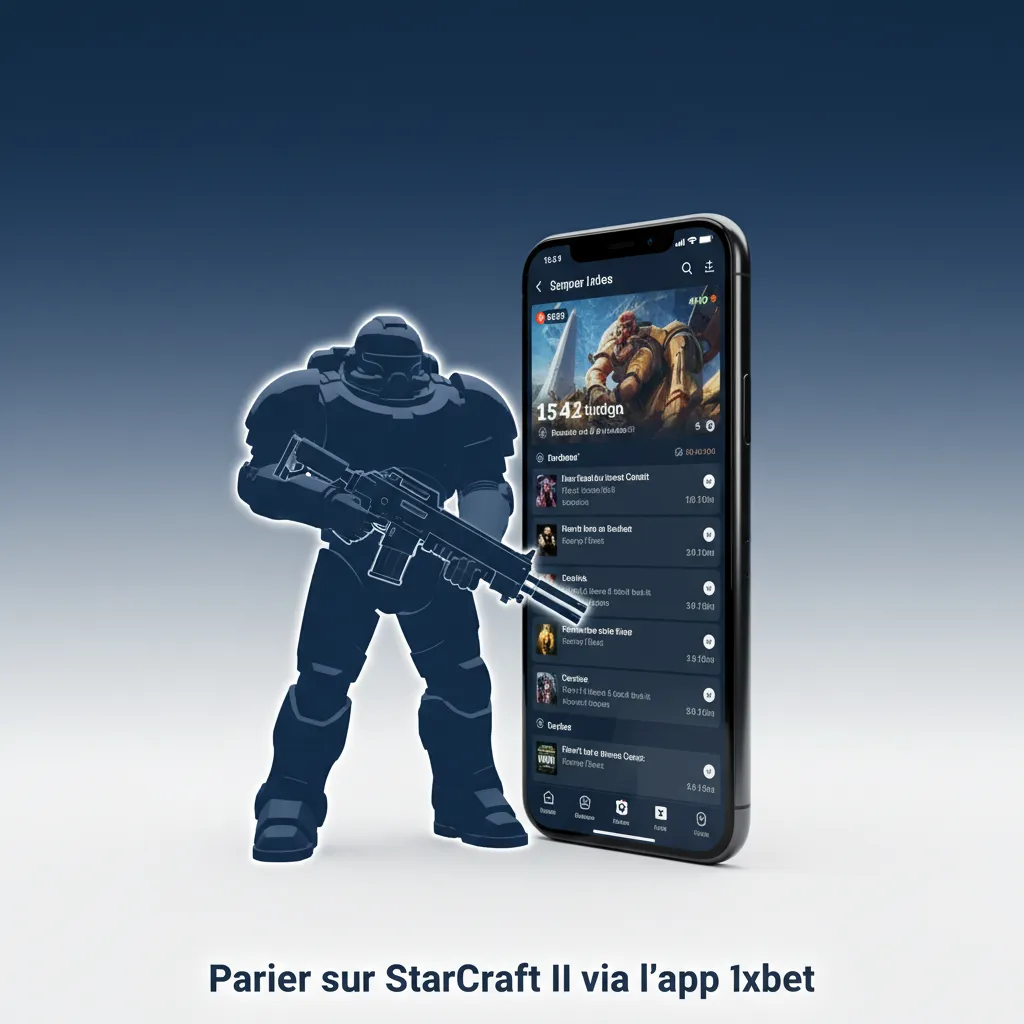 Smartphone affichant l’app 1xbet avec paris StarCraft II et dépôts XOF via Orange Money, MTN MoMo et Moov Money.