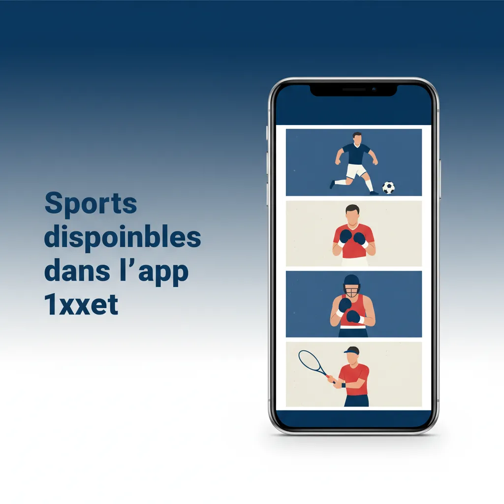 Écran de l’app 1xbet avec sports: football, basket, tennis, rugby, handball, MMA/boxe, eSports, F1; filtres Ligue 1/UCL